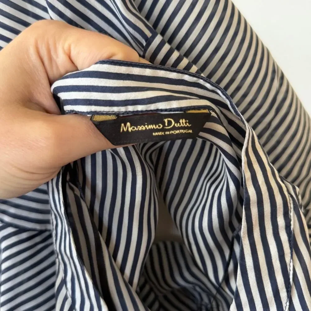 Massimo Dutti Mulberry Silk Navy Blue & White Stripe Button Down Minimalist
